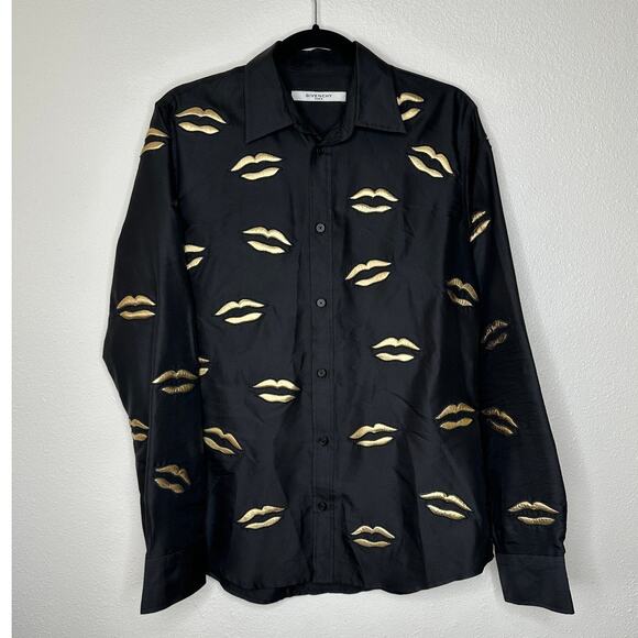 Givenchy Black with Gold Embroidery Lips Button Front Long Sleeve Shirt 38 / M - Picture 3 of 14
